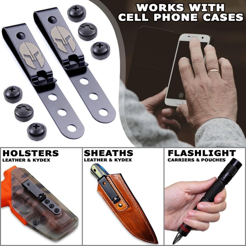 Holstex HolsterSmith Universal Metal Belt Clip for Holster Making - (Model 5) - (3-Hole) - (Tactical Black) - (w/Spartan Helmet Engraving) - (w/Mounting Hardware) - (2 Pack) - Image 2